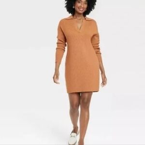 A New Day Brown Ribbed Collared V-Neck Sweater Dress • Large • Cozy Fall Winter